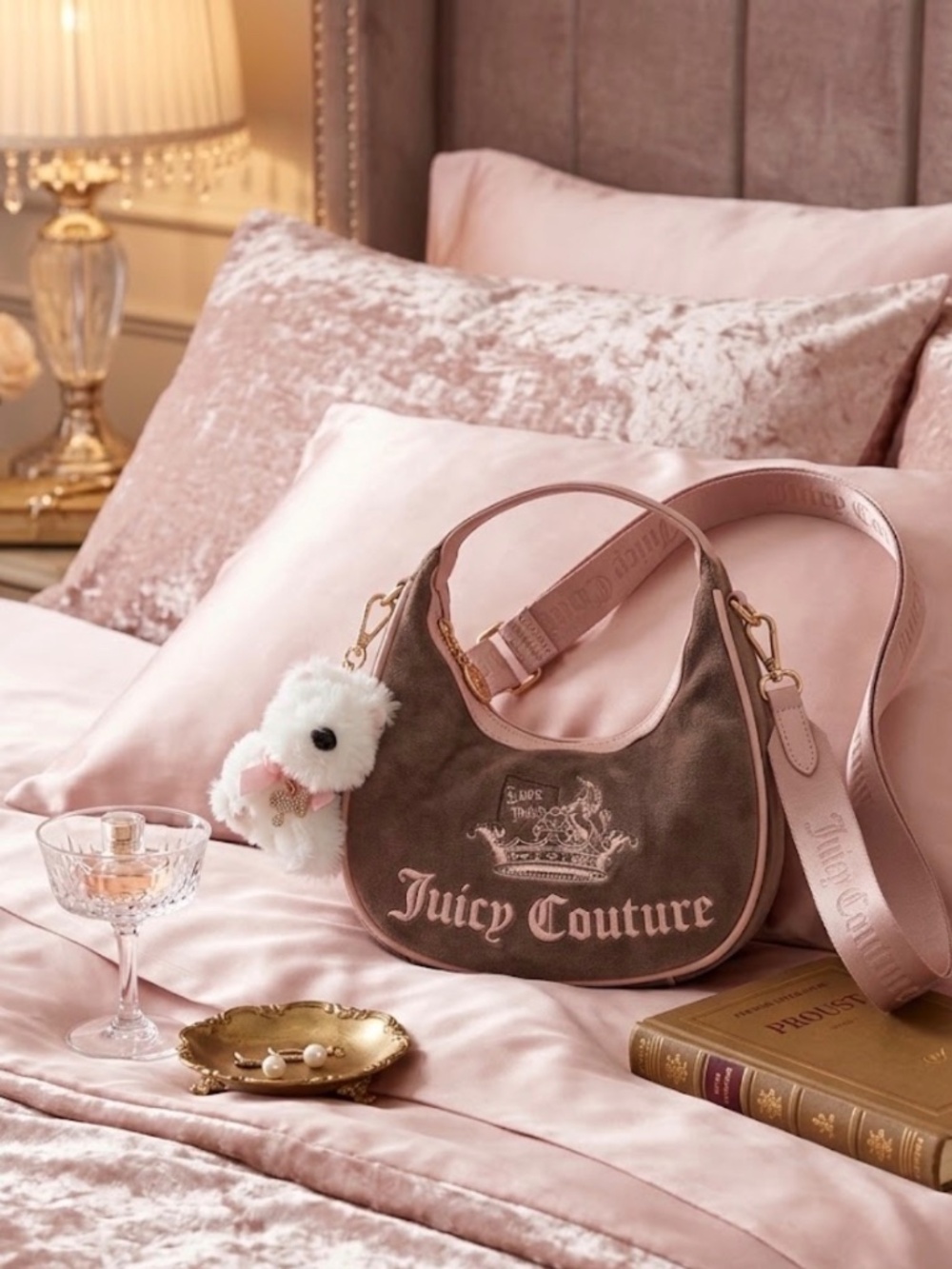 NWT - Juicy Couture Brown Velour Shoulder Bag Crossbody w/ Dog Charm